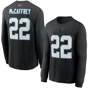 Classic Unique Stylish Chic Carolina Panthers #22 Christian McCaffrey Player Name & Number Long Sleeve T-Shirt Black for Game Day