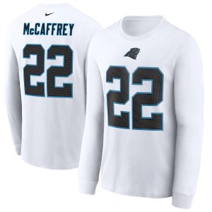 Fashionable Stylish Chic Premium Carolina Panthers #22 Christian McCaffrey Player Name & Number Long Sleeve T-Shirt White to Elevate Your Game Day Look