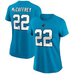 Gorgeous Fabulous Exclusive Elegant Carolina Panthers #22 Christian McCaffrey Women's Team Player Name & Number T-Shirt Blue to Boost Team Spirit