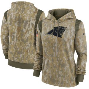 Sleek Comfortable Fantastic Stylish Carolina Panthers Camo Women's 2021 Salute To Service Therma Performance Pullover Hoodie to Elevate Your Game Day Look