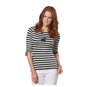 Cool Attractive Premium Carolina Panthers Lady Striped Boatneck Three-Quarter Sleeve T-Shirt for Game Day