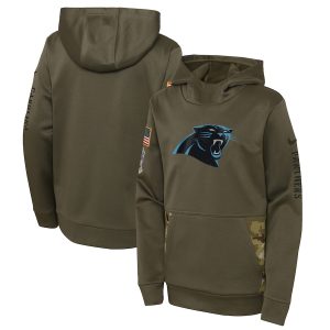 Cozy Premium Carolina Panthers Youth 2022 Salute To Service Performance Pullover Hoodie - Olive to Show Your Support