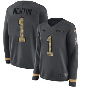 Stylish Stunning Fabulous Panthers #1 Cam Newton Anthracite Salute to Service Women's Stitched NFL Limited Therma Long Sleeve Jersey for True Fans