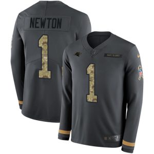 Sturdy Stylish Distinctive Panthers #1 Cam Newton Anthracite Salute to Service Youth Stitched NFL Limited Therma Long Sleeve Jersey for Game Day