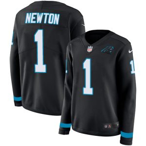 Handsome Cool Panthers #1 Cam Newton Black Team Color Women's Stitched NFL Limited Therma Long Sleeve Jersey to Boost Team Spirit