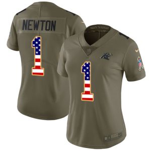 Stunning Premium Panthers #1 Cam Newton Olive/USA Flag Women's Stitched NFL Limited 2017 Salute to Service Jersey to Show Your Support