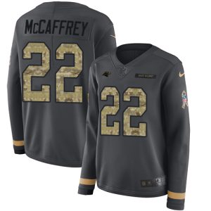 Fabulous Impressive Exclusive Graceful Panthers #22 Christian McCaffrey Anthracite Salute to Service Women's Stitched NFL Limited Therma Long Sleeve Jersey for a Stylish Sporting Appearance