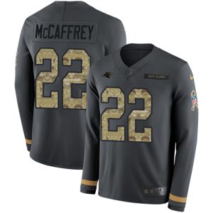 Sleek Premium Distinctive Trendy Panthers #22 Christian McCaffrey Anthracite Salute to Service Youth Stitched NFL Limited Therma Long Sleeve Jersey for Game Day