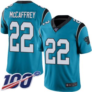 Fantastic Fabulous Alluring Gorgeous Panthers #22 Christian McCaffrey Blue Men's Stitched NFL Limited Rush 100th Season Jersey for a Stylish Sporting Appearance