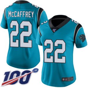 Dashing Chic Marvelous Panthers #22 Christian McCaffrey Blue Women's Stitched NFL Limited Rush 100th Season Jersey for True Fans