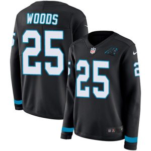 Outstanding Exquisite Cool Panthers #25 Xavier Woods Black Team Color Women's Stitched NFL Limited Therma Long Sleeve Jersey for True Fans