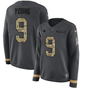 Elegant Marvelous Panthers #9 Bryce Young Anthracite Salute to Service Women's Stitched NFL Limited Therma Long Sleeve Jersey for True Fans