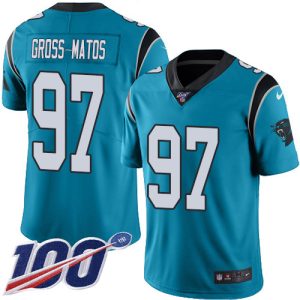 Premium Eye   catching Panthers #97 Yetur Gross-Matos Blue Men's Stitched NFL Limited Rush 100th Season Jersey to Boost Team Spirit