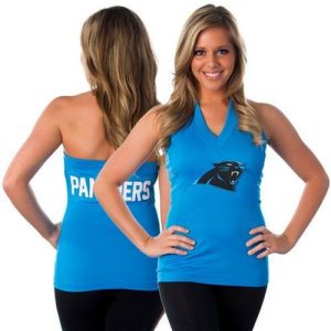 Trendy Modern Eye   catching Women's All Sports Couture Carolina Panthers Blown Coverage Halter Top for the Ultimate Fan Experience